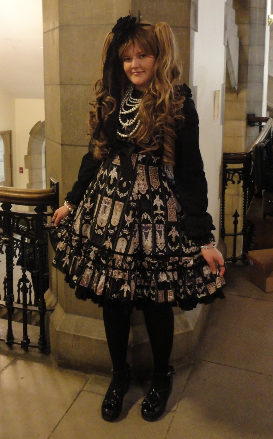 Blonde Lolita wearing Black Opaque Pantyhose and Black Dress